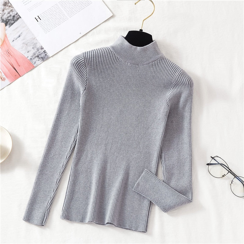 Autumn Women Pullover Sweater Fashion Half Turtleneck Knitted Female Jumper Long Sleeve Winter Black Soft Elastic Blouse