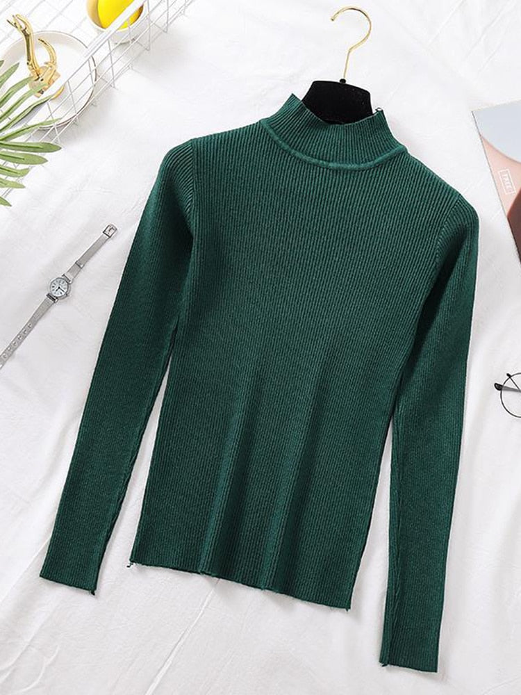 Autumn Women Pullover Sweater Fashion Half Turtleneck Knitted Female Jumper Long Sleeve Winter Black Soft Elastic Blouse