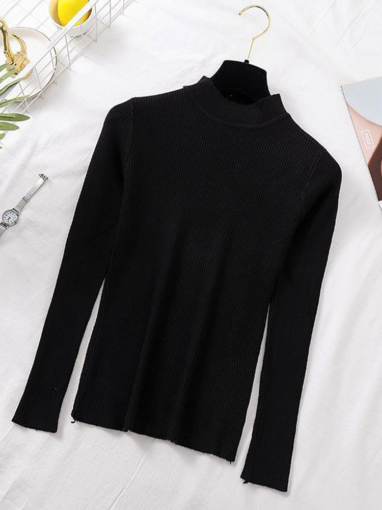 Autumn Women Pullover Sweater Fashion Half Turtleneck Knitted Female Jumper Long Sleeve Winter Black Soft Elastic Blouse