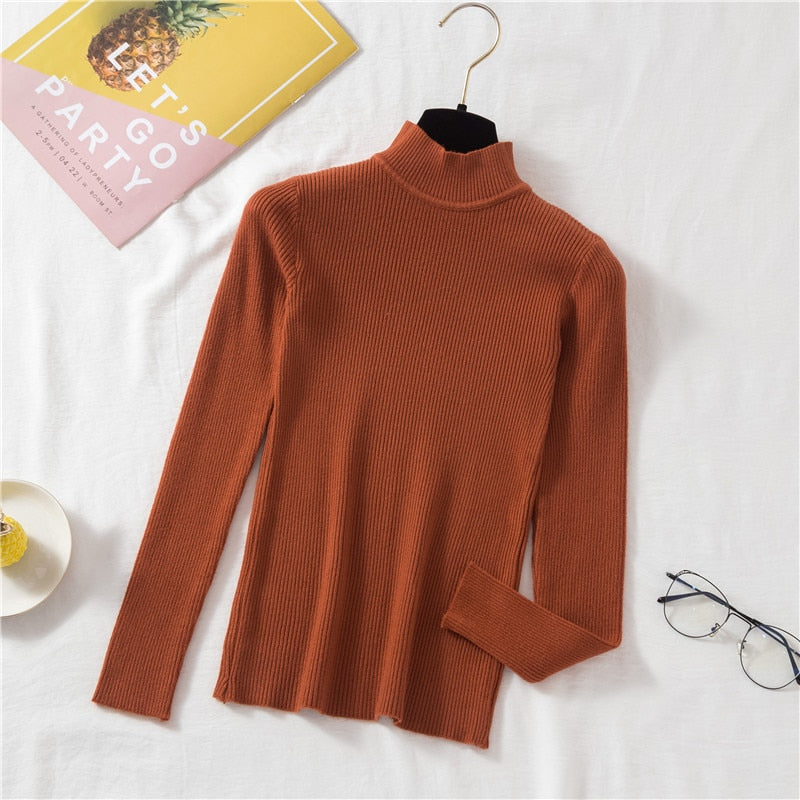 Autumn Women Pullover Sweater Fashion Half Turtleneck Knitted Female Jumper Long Sleeve Winter Black Soft Elastic Blouse